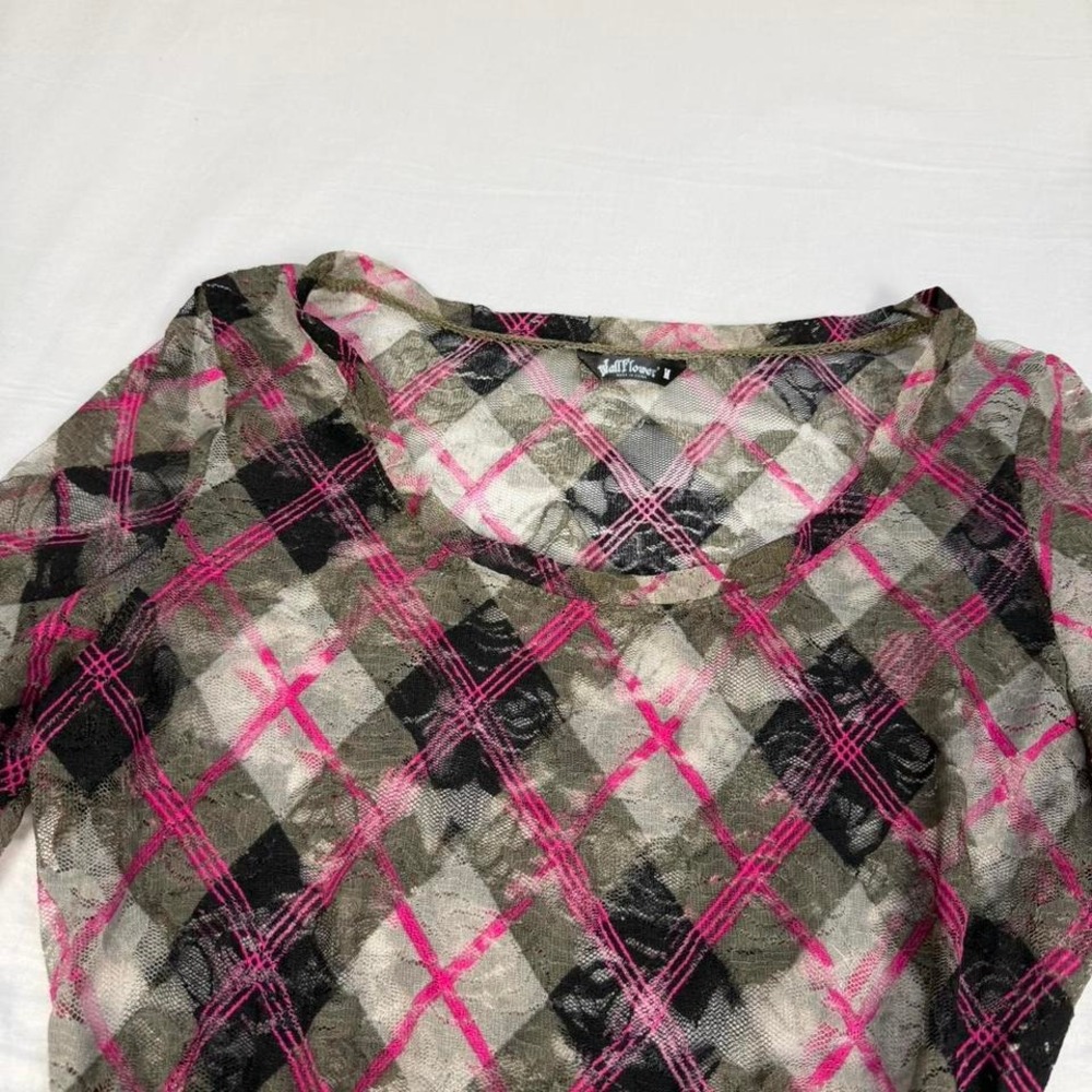 y2k Wallflower pink & grey mesh see thru lace short sleeve lace top - Picture 3 of 6